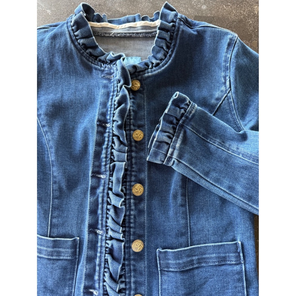 Draper James RSVP Ruffle Denim Jacket XS Button Front Romantic‎ Fitted Stretch - Picture 4 of 12